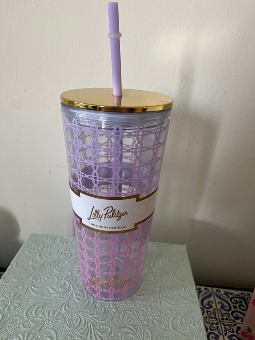 Lilly Pulitzer Lavender and Gold Patterned Tumbler with Straw